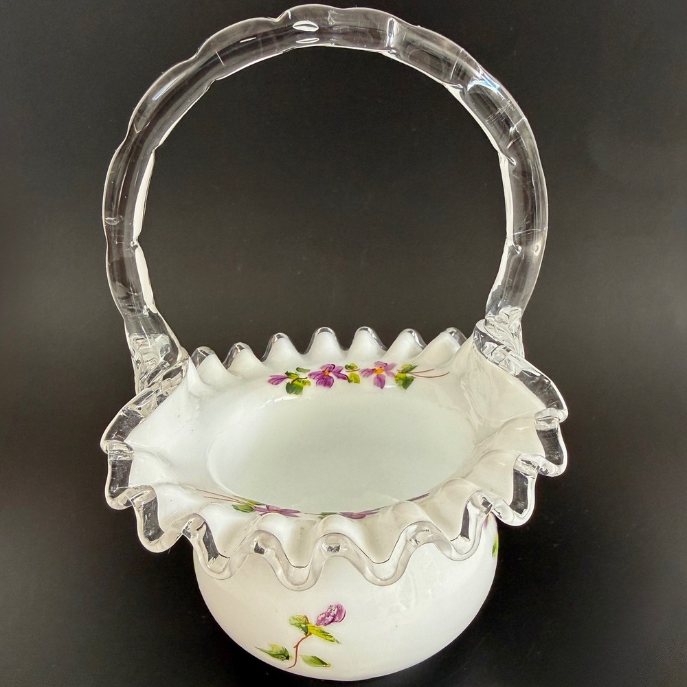 Vintage Fenton Violets in the Snow Milk Glass Basket Ruffled Hand Painted